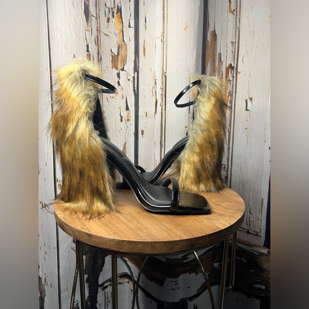 Faux Fur Strap Black Heels